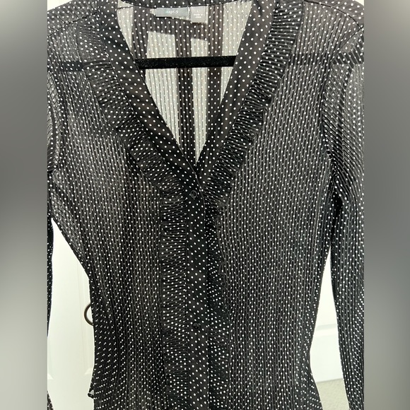 Elegant black with white dots, ruffle front V neck button down blouse - Picture 2 of 6